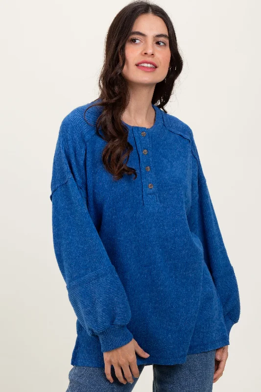 Women's commuter topsLight Navy Oversized Ribbed Knit Henley Sweater