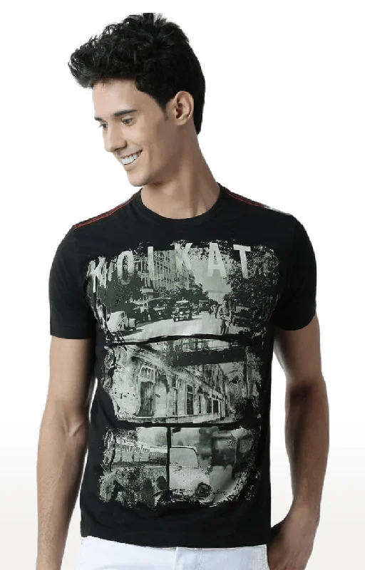 Linen Short Sleeve TopsHuetrap Black Mens Short Sleeve Graphic Printed Tshirt-HT12MKGRABLK00206