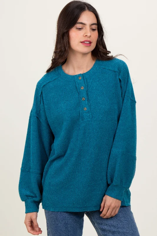 Women's affordable topsTeal Oversized Ribbed Knit Henley Sweater