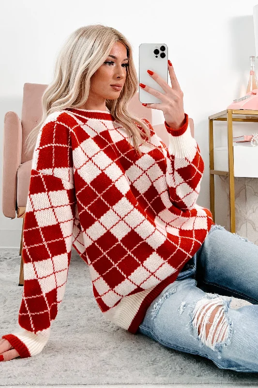 Plus size women's elegant topsOlder Soul Oversized Checker Sweater (Red/Cream)