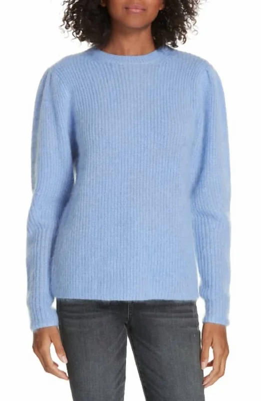 CrewneckidentityMohair Blend Crew Neck Fuzzy Puff Sleeve In Blue