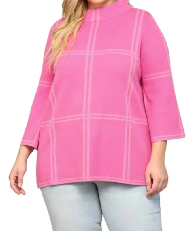 Women's long sleeve topsChecker Sweater - Plus In Hot Pink/grey