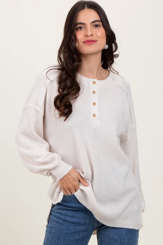 Women's luxury topsCream Oversized Ribbed Knit Henley Sweater