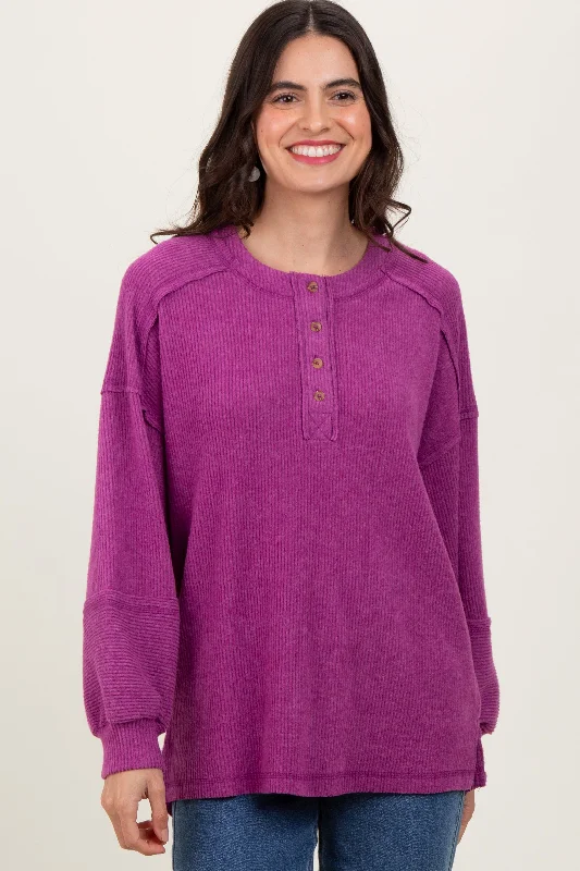 Women's outdoor topsPlum Oversized Ribbed Knit Henley Sweater