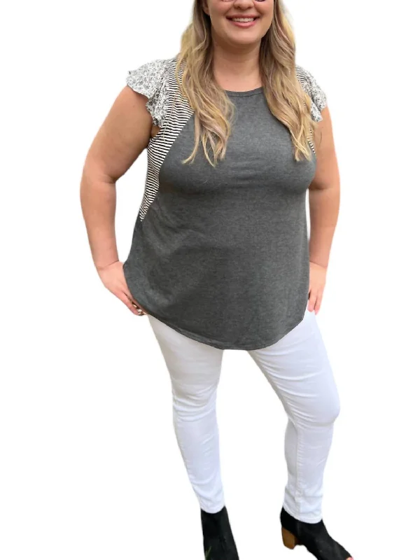 Large women's cropped topsPlus Floral Flutter Sleeve Top In Charcoal Grey