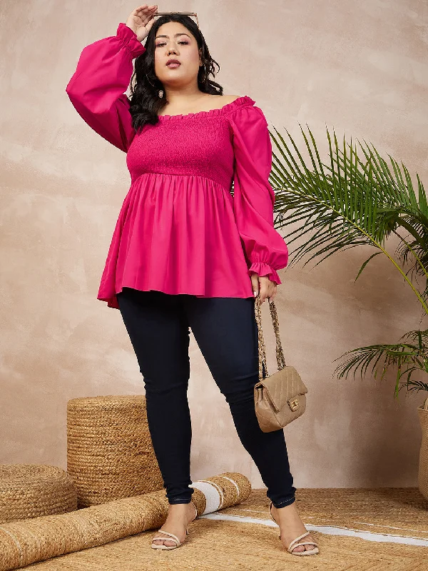 Knitted TopBerrylush Women Plus Size Solid Pink Square Neck Flutter Sleeve Ruffled Peplum Top