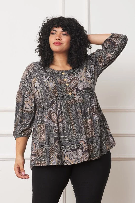 Plus size women's cotton topsPlus Button Accent Paisley Top