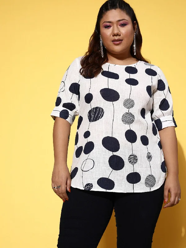 Plus size women's street style topsBerrylush Women Plus Size White & Black Geometric Printed Round Neck Woven Cotton Regular Top