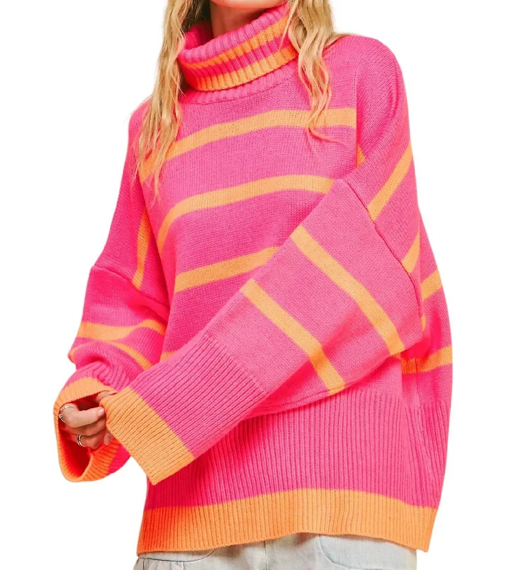 Plus size women's hollow topsStriped Oversized Sweater In Pink/orange