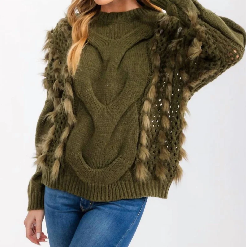 Cable Knit Pullover Sweater In Olive Green