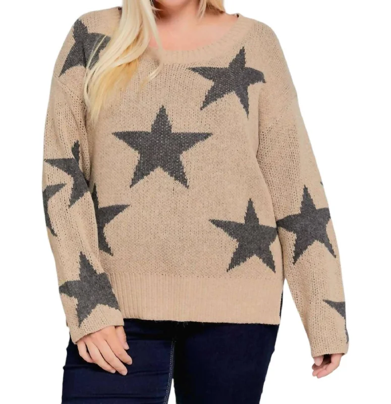 Plus size women's off-the-shoulder topsCurvy Star Sweater - Plus In Taupe