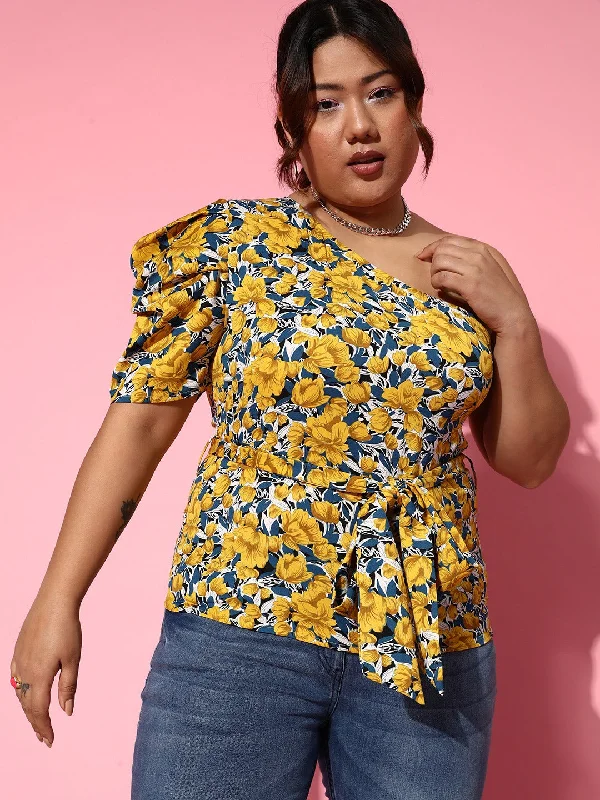 Plus size women's casual topsBerrylush Women Plus Size Yellow & Blue Floral Printed One-Shoulder Neck Waist Tie-Up Crepe Regular Top