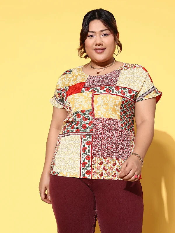 Plus size women's retro topsBerrylush Women Plus Size Red & Yellow Floral Printed Round Neck Slip-On Polyester Regular Top