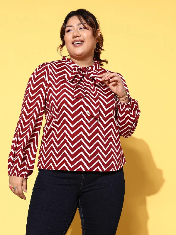 Plus size women's sports topsBerrylush Women Plus Size Maroon & White Chevron Pattern Tie-Up Neck Crepe Regular Top