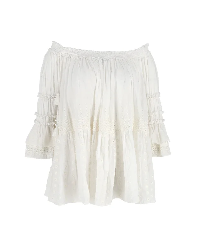 Chloe Off-Shoulder Blouse in White CottonLace-Up Shirts