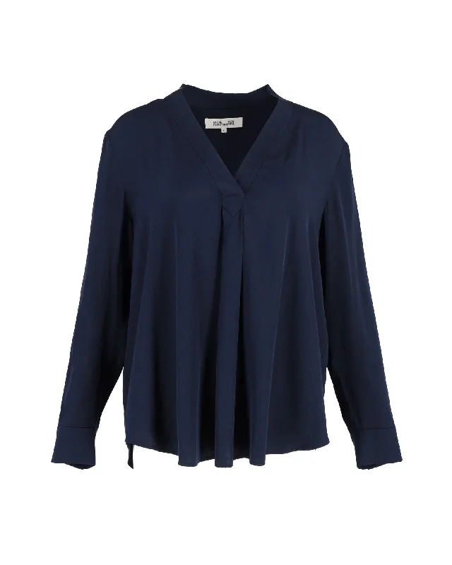 Diane Von Furstenberg Sanorah Pleated Blouse in Navy Blue SilkMetallic Shirts