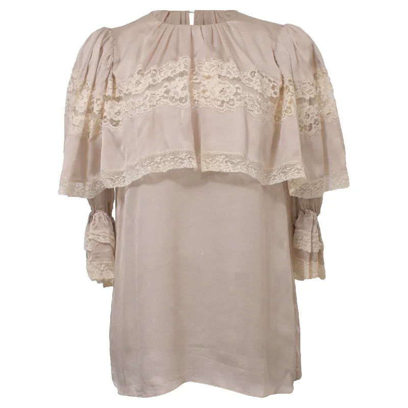 Dolce & Gabbana Ruffle Lace Top Blouse in Beige SilkArtist Shirts