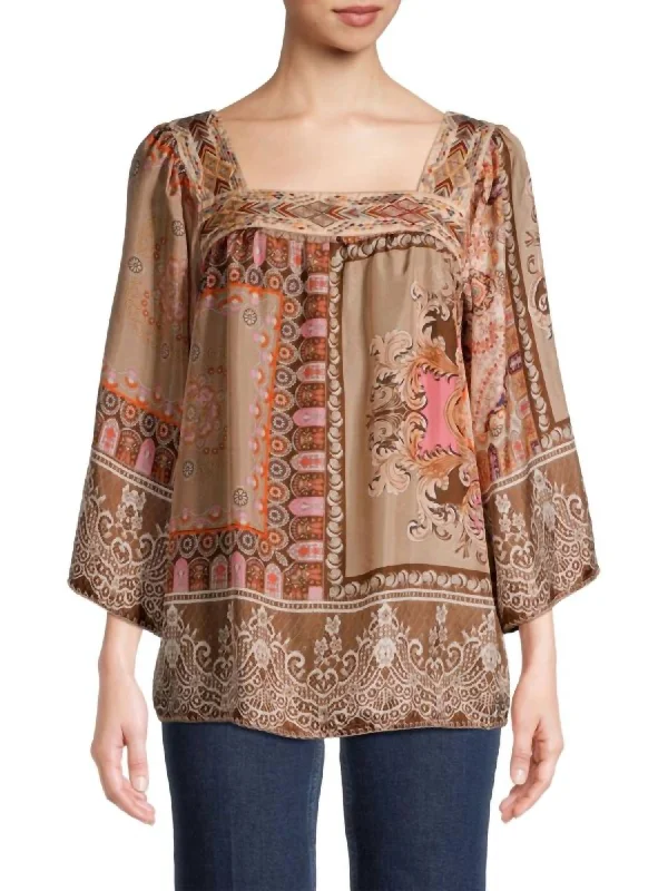 Flora Lace Silk Blouse In Beige/brown MultiSatin Shirts