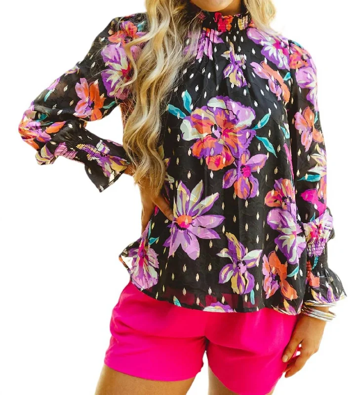 Floral Chiffon Smocked Blouse In Black And Gold FoilYoga Shirts