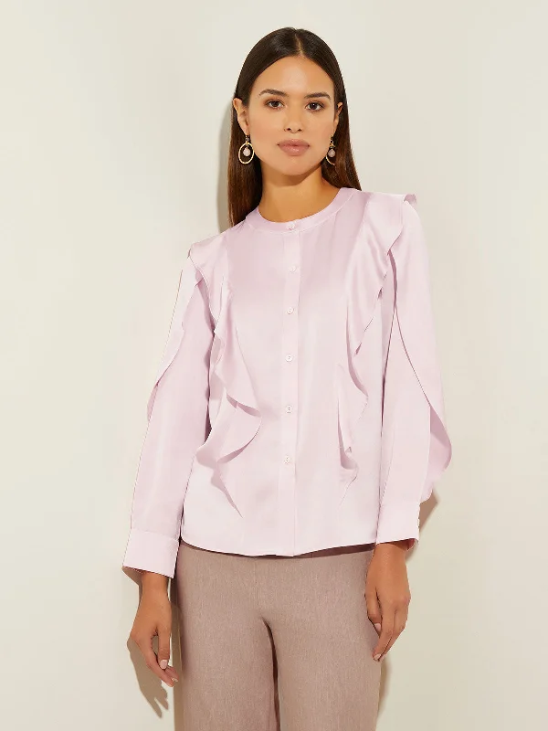 Flutter Trim Crepe de Chine BlouseRelaxed Fit Shirts