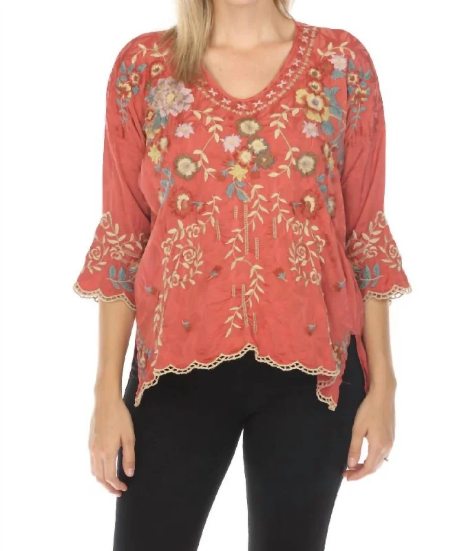 Gabriela Floral Embroidered Blouse In RosewoodPolka Dot Shirts