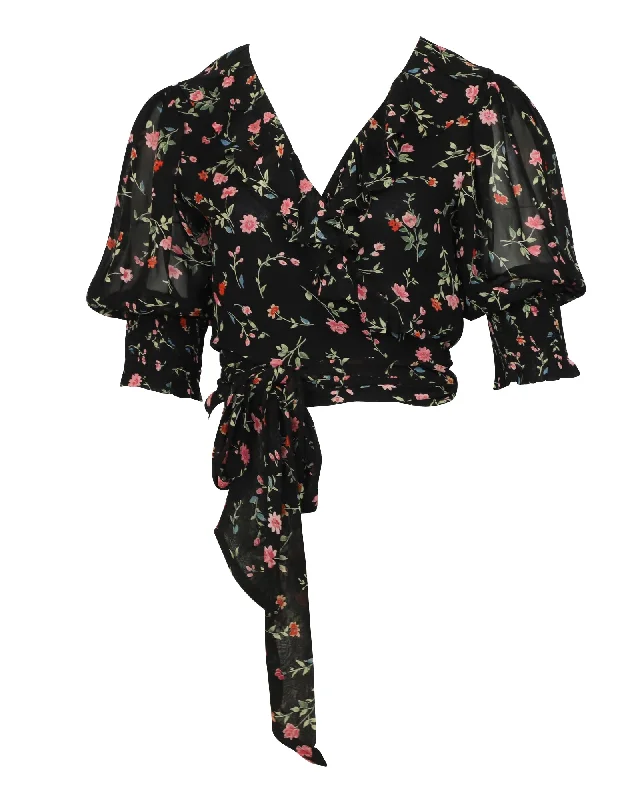 Ganni Floral Chiffon Wrap Blouse in Black ViscoseStatement Shirts