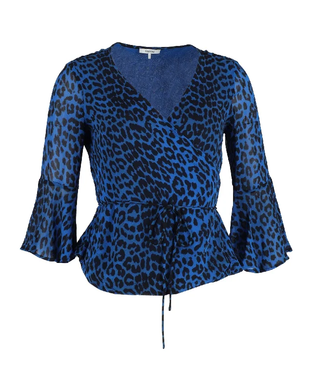 Ganni Wrap Blouse in Blue Animal Print ViscoseUrban Shirts