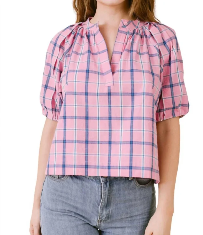 Henley Blouse In Pink PlaidGraphic Shirts