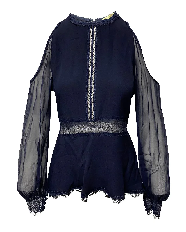 Jonathan Simkhai Cold Shoulder Lace Trim Blouse in Blue SilkRetro Shirts