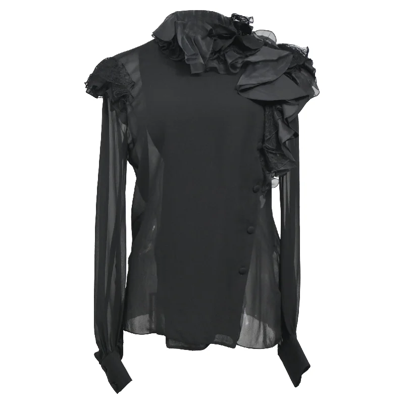 Lanvin Ruffled Lace-Trimmed Chiffon Blouse in Black SilkZippered Shirts