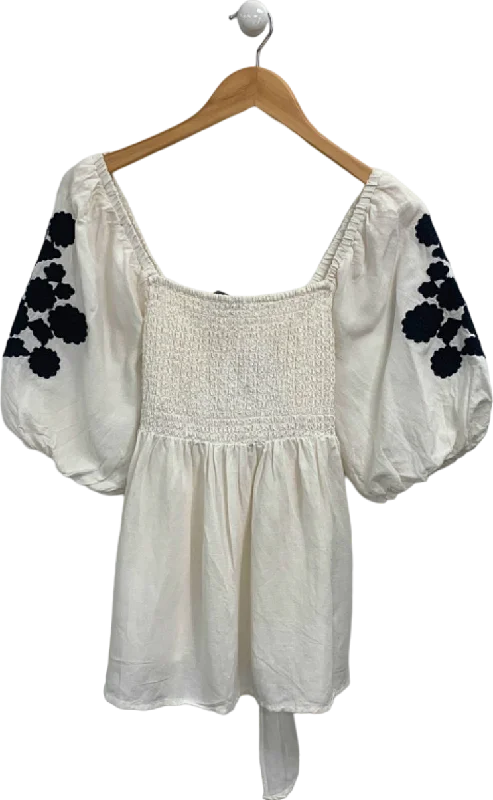 Mint Velvet White Smocked Embroidered Blouse UK MFringed Shirts