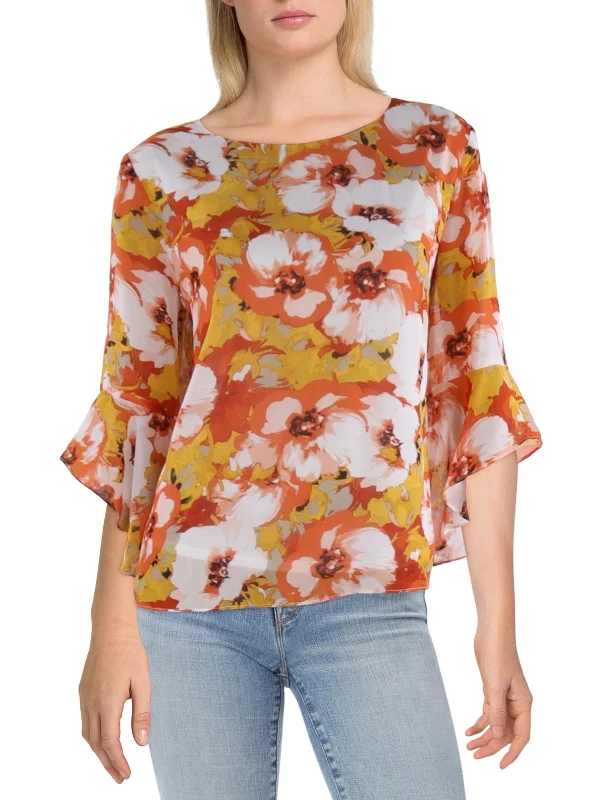 Petites Womens Floral Bell Sleeve BlousePeplum Shirts