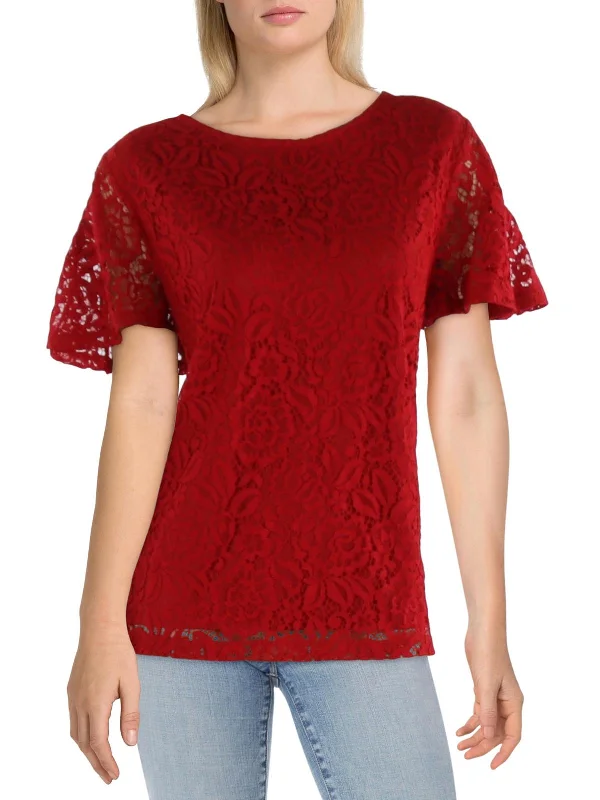 Petites Womens Lace Lightweight BlouseFringed Shirts