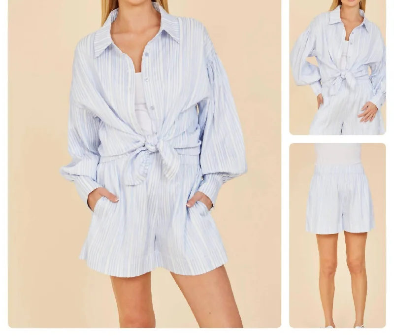 Pleated Stripe Blouse In Blue/ WhiteWool Shirts