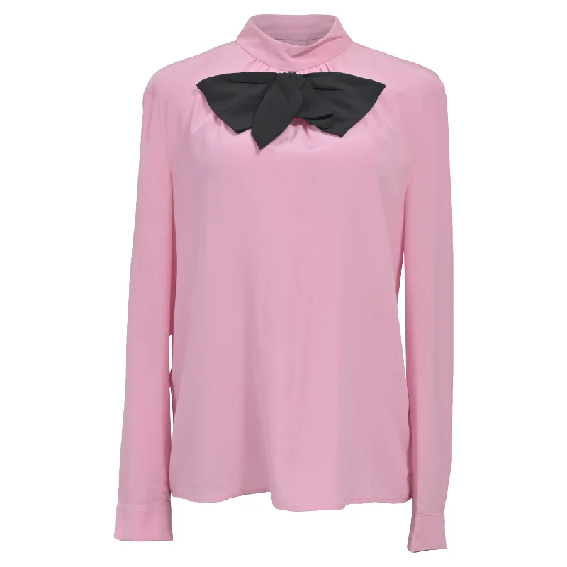 Prada Bow-Embellished Crepe De Chine Blouse in Pink SilkButton-Up Shirts