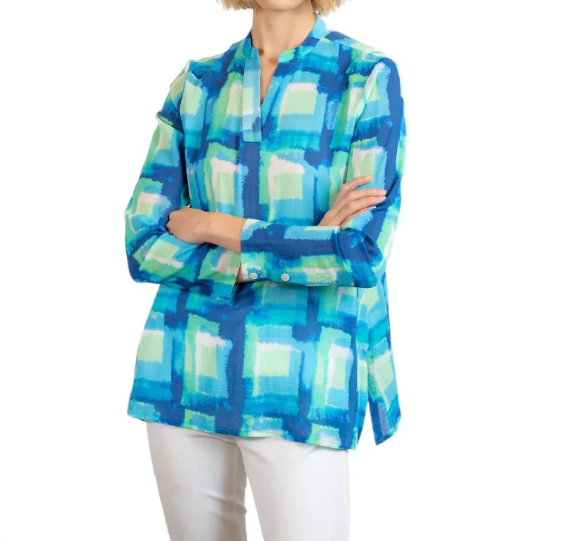 Printed Crinkle Gauze Blouse In AzureSheer Shirts