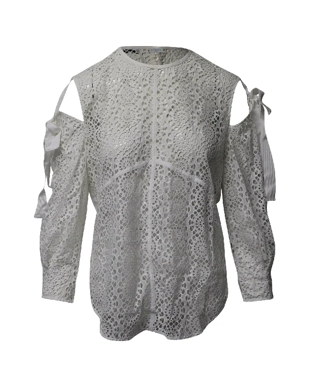 Sandro Paris Cutout Shoulder Lace Blouse in White CottonPolyester Shirts