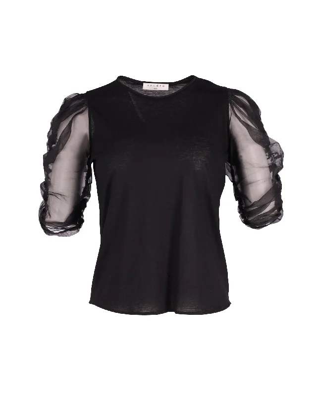 Sandro Paris Sheer Sleeved Blouse in Black LyocellRayon Shirts