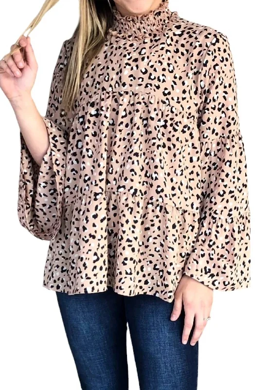 Tiered Leopard Blouse In SandLeather-Paneled Shirts