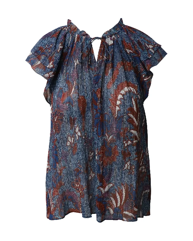 Ulla Johnson Floral Printed Blouse in Blue Cotton SilkOversized Shirts