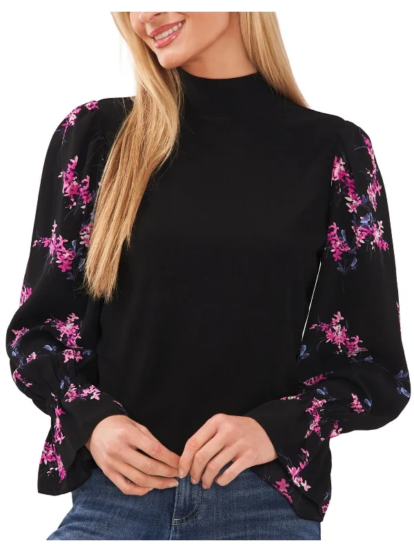 Womens Floral Print Mock Neck BlouseHooded Shirts