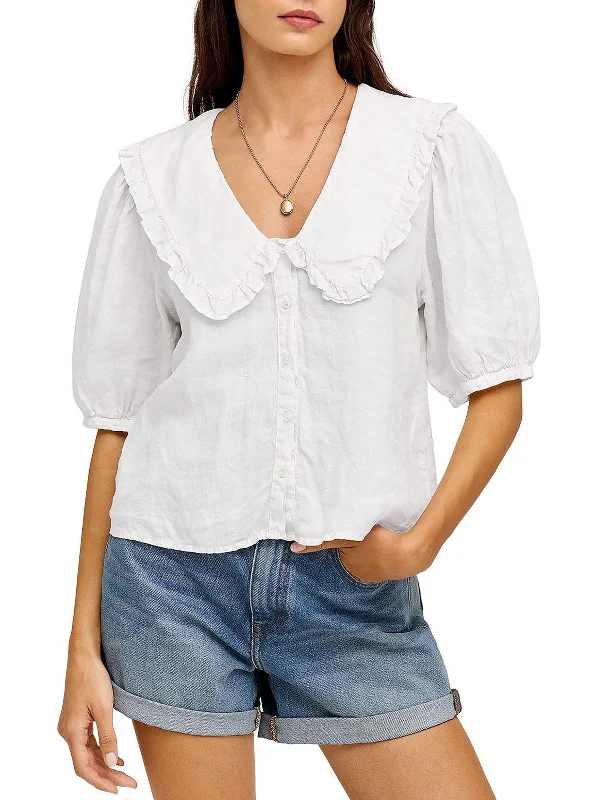 Womens Linen Button-Down BlousePocket Shirts