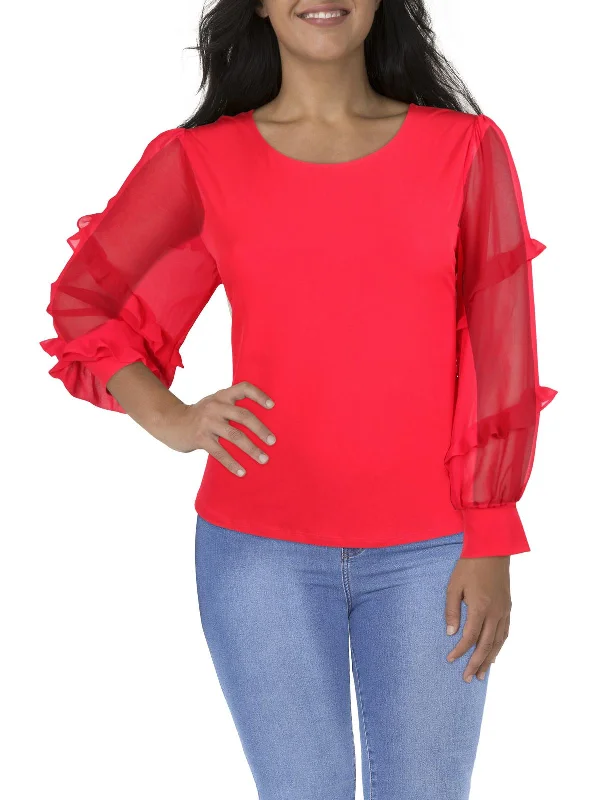 Womens Solid Ruffle-Sleeve BlouseHooded Shirts