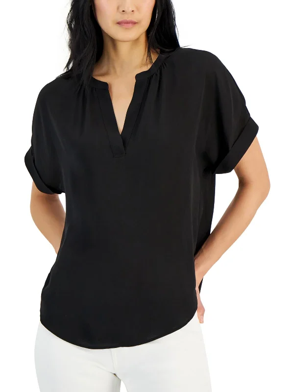 Womens Split Neck Cuff Sleeve BlouseButton-Up Shirts