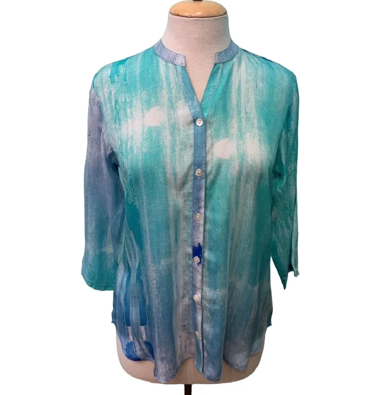 Women's Watercolor 3/4 Sleeve Mandarin Blouse In TurquoiseSleep Shirts