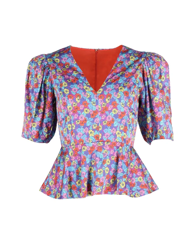 Rotate Birger Christensen Mindy Peplum Blouse In Floral Print ViscoseLuxury Shirts