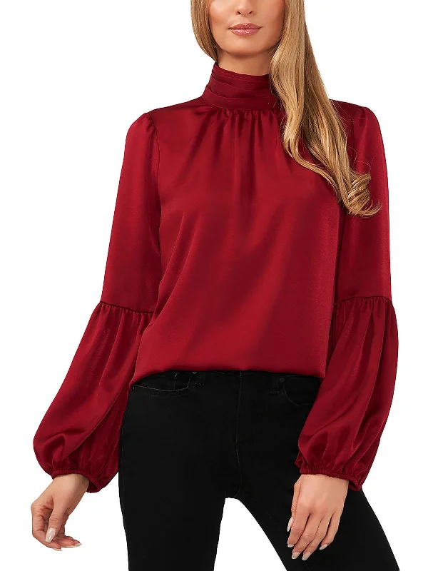 Womens Satin Mock Neck BlouseLace-Up Shirts