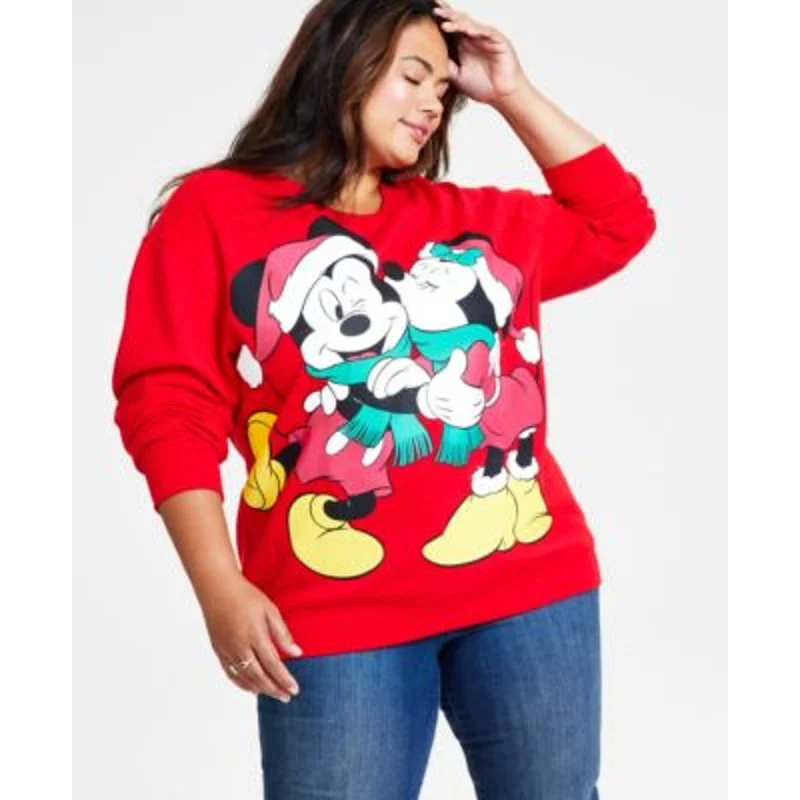 Large women's long topsDisney Juniors Trendy Plus Size Mickey Kissing Minnie Sweater, Red & Green