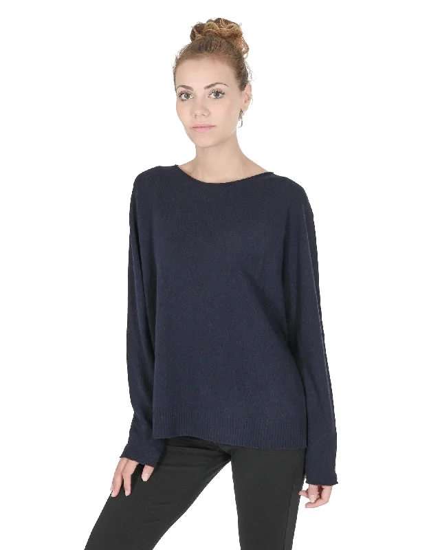 Large women's waist-baring topsCrown of Edinburgh Cashmere Women's Premium Cashmere Oversize Boatneck Sweater in Navy blue - S