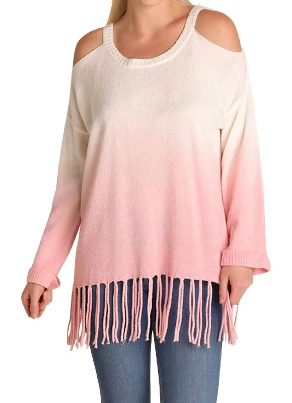 Large women's sun protection topsOmbre Cold Shoulder Fringe Sweater - Plus In Rose